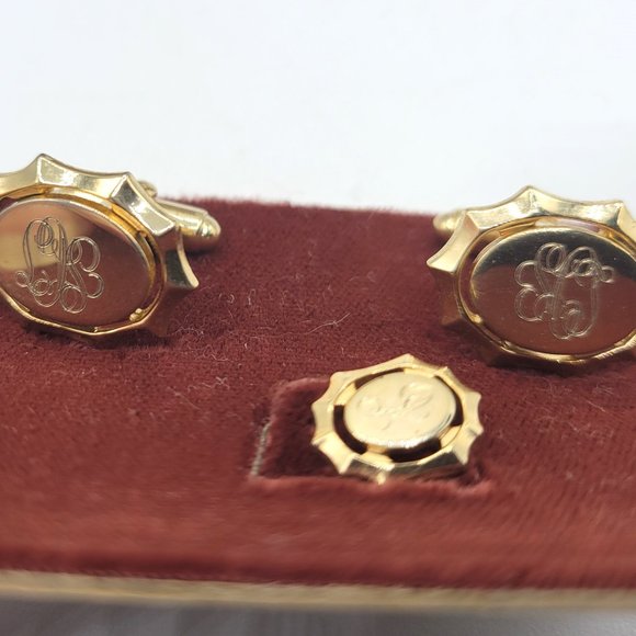 Vintage Monogrammed Anson Gold-tone Cuff-Links Tie-Tack Set in Original Box - Picture 3 of 7